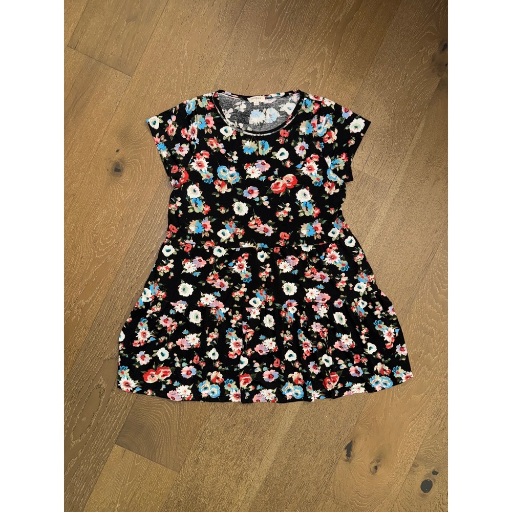 Umgee USA Womens Floral Babydoll Dress Black Multi Color Tiered Mini Size M